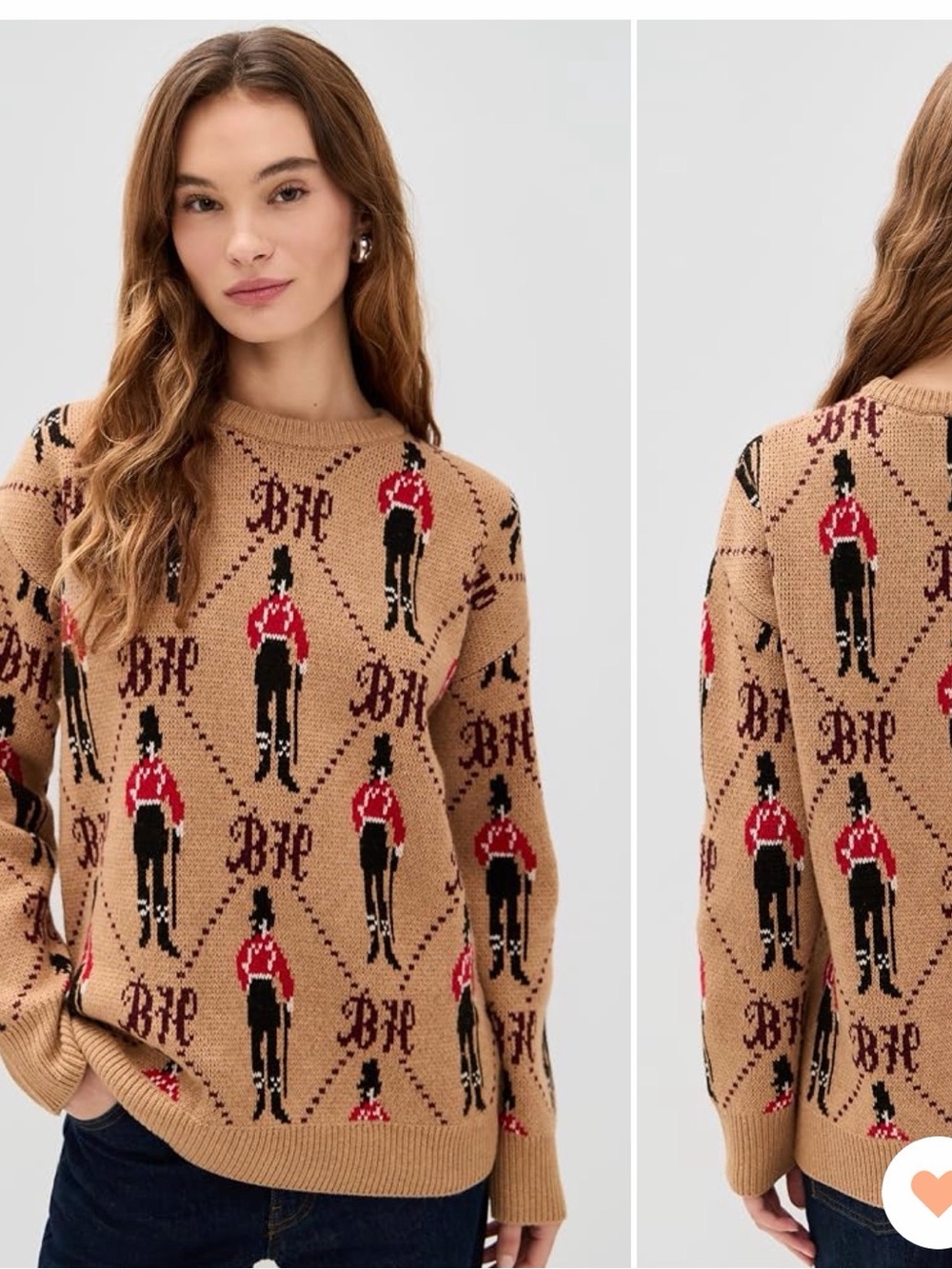 Camel Knit Crewneck Sweater with Riding Motif